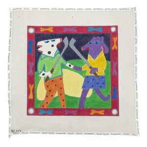 Nancy Coffelt Dogs Playing Golf Hand Painted Needlepoint Canvas 11" x 11"